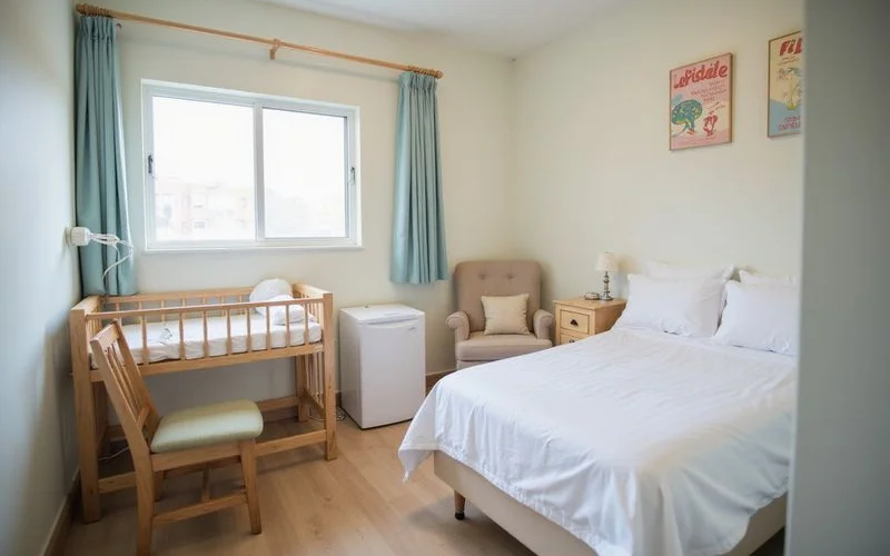 A calm confinement centre room with a single bed, a bassinet, and soft daylight coming through a curtained window