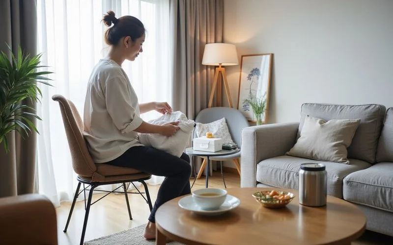 A comfortable home living room set up for a new mother, with a bassinet and folded baby items on a side table