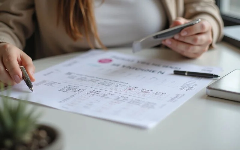 A pregnant woman reviewing a printed confinement centre booking calendar with a due date circled