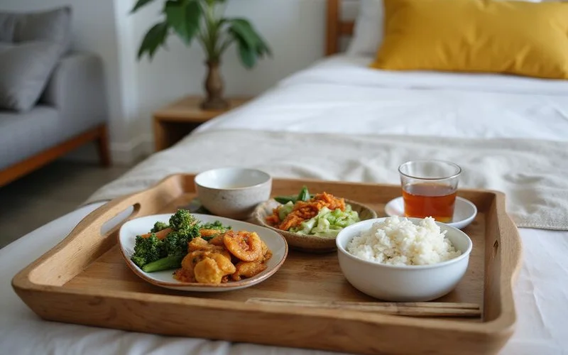 Traditional confinement food including herbal soup and rice dishes laid out on a tray in a confinement centre dining area